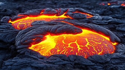 Molten Lava Flowing Through Dark Volcanic Rock