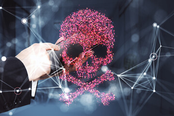 Digital skull made of pixels, symbolizing cybersecurity threats, overlaid with a network and a hand holding a device. 3D Rendering
