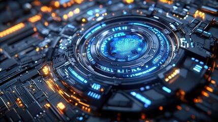 Glowing circular core on circuit board, processing data, complex background