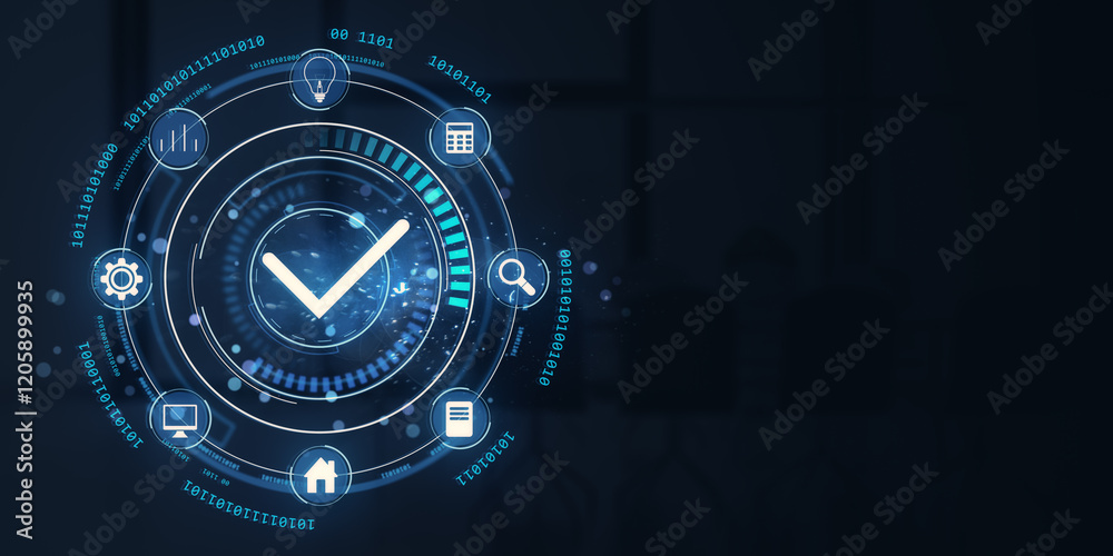 Leinwandbilder digital checkmark interface with neon icons on dark background. 3d rendering