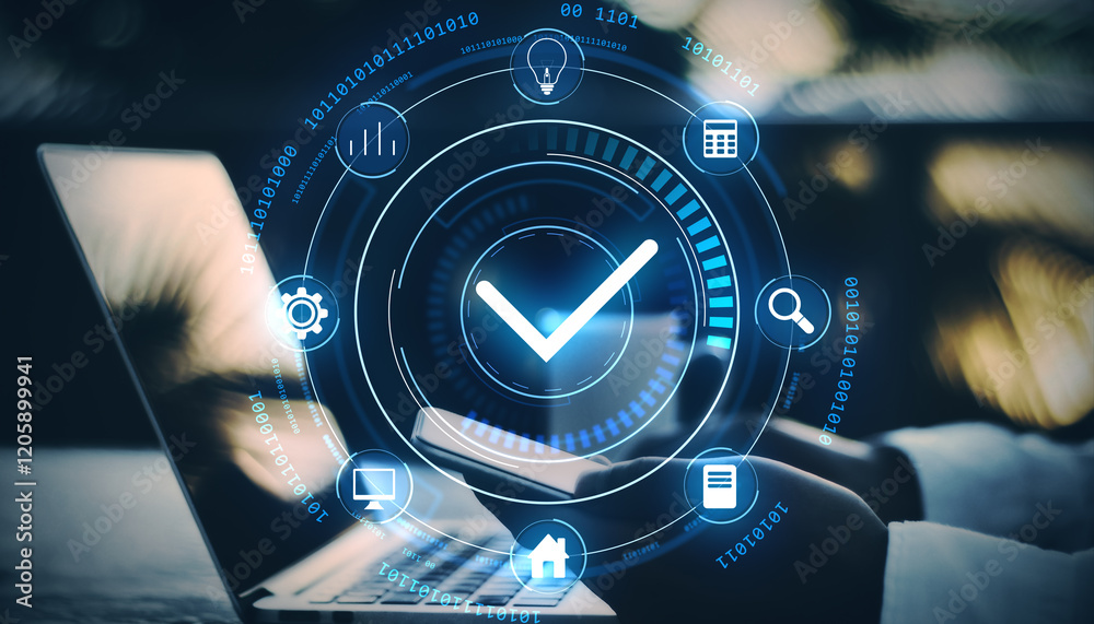 Poster digital checkmark hologram overlay on smartphone and laptop, futuristic business interface concept.
