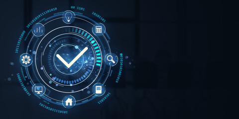 Digital checkmark interface with neon icons on dark background. 3D Rendering