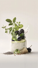 Minimalistic photo of a glass jar with chia pudding topped with blackberries, slices of green apple, seeds, and nuts, side view, lot of negative space