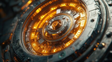 Glowing circular mechanism activating within complex machinery