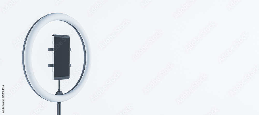 Poster Smartphone mounted in a ring light on a stand, isolated on a light background. 3D Rendering