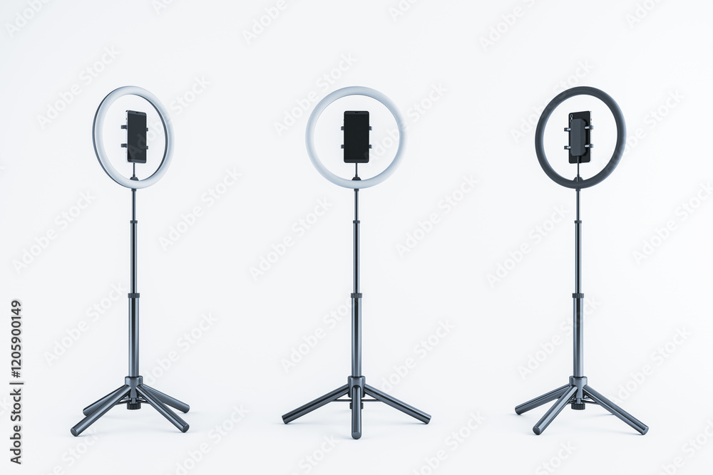 Poster adjustable ring lights with smartphone holders on tripods, isolated on a light background. 3d render
