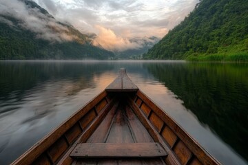 Obraz premium At dawn, a Shikara boat glides smoothly on Dal Lake, enveloped by misty mountains and lush greenery, creating a tranquil and peaceful atmosphere