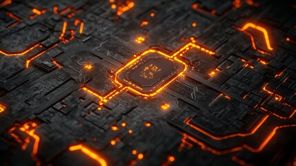 Glowing CPU on circuit board with active connections in dark background