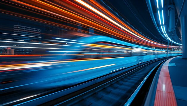 Futuristic cityscape at night, curved highway, light trails, motion blur, high-speed train, neon lights, cyberpunk aesthetic, long exposure photography - Powered by Adobe