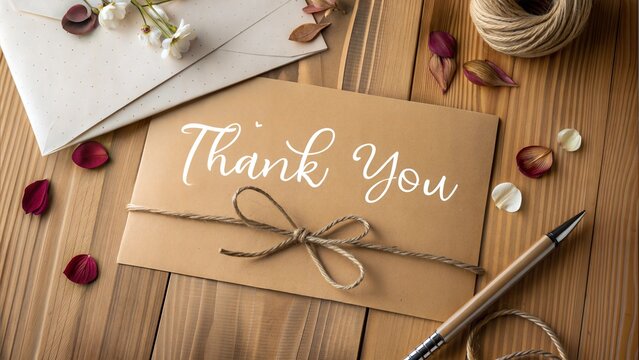 Creative thank you card with twine bow and petals on wooden background