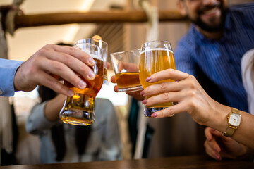Group of friends toasting in a restaurant with alcohol.