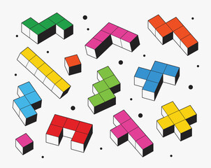 Simple pattern of building block, bricks for children. Vector isometric illustration. 3d block set isolated on white background.