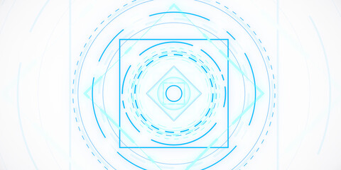 Futuristic geometric design with glowing blue circular elements on white background. 3D Rendering