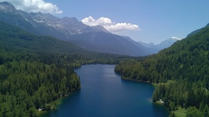 Serene Mountain Lake Nestled Amongst Lush Green Forests