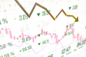 Abstract image of financial stock market data with declining arrow on light background. 3D Rendering