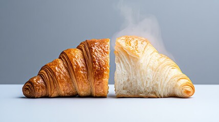 Freshly baked croissant, golden and flaky, cut in half