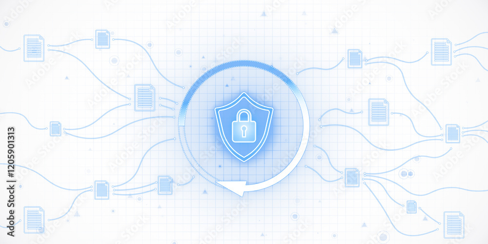 Poster Cybersecurity shield with interconnected document icons on grid background. 3D Rendering