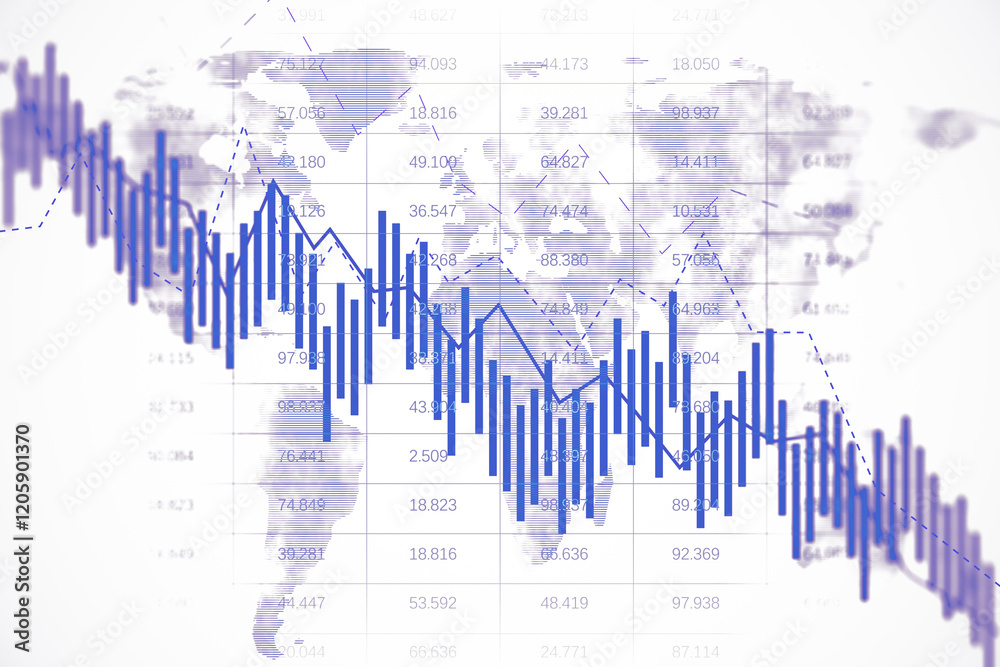 Poster Financial chart with blue bar graph and line overlaid on world map background. 3D Rendering