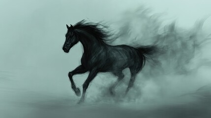 A black horse gallops through a misty landscape, creating an ethereal and dynamic atmosphere.