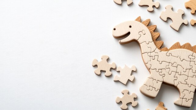 Wooden dinosaur puzzle for children with loose pieces around it