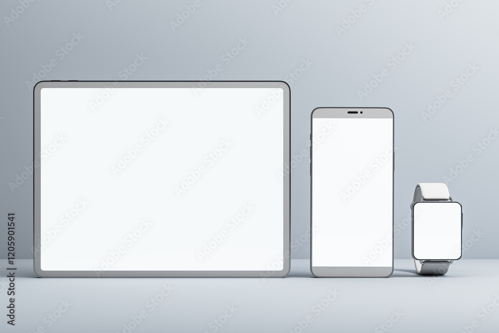 Poster digital devices set with tablet, smartphone, and smartwatch on a light background. 3d rendering