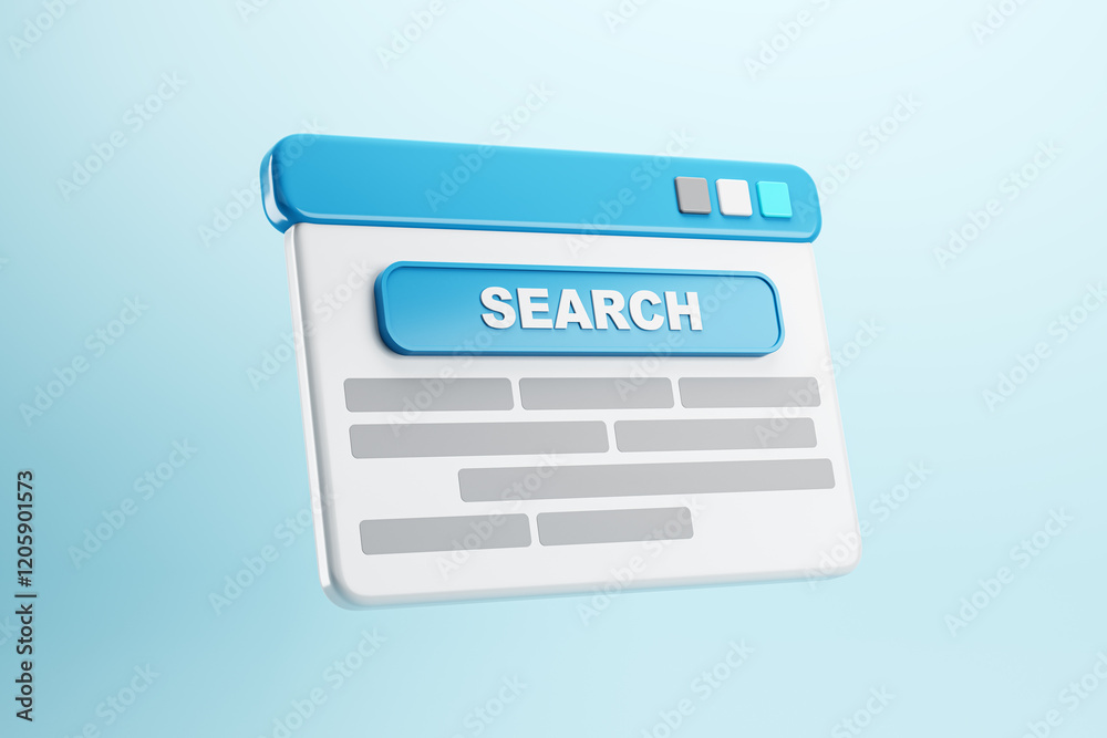 Aufkleber 3D search bar interface with blue button and abstract elements. 3D Rendering