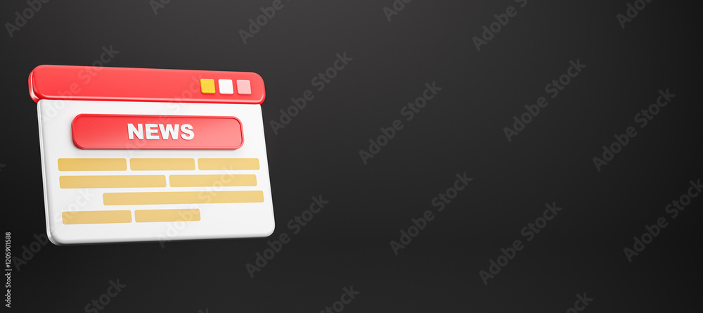 Poster 3D News Interface Design with Red Button on Black Background. 3D Rendering