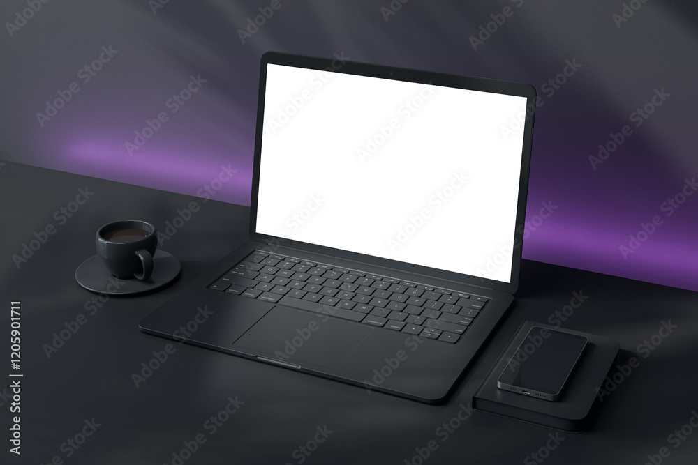 Poster blank laptop screen mockup on a desk with coffee cup and smartphone in a modern setting. 3d renderin
