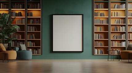 Vibrant Library Interior Featuring Blank Frame on Stylish Wall with Bookshelves and Cozy Seating Area