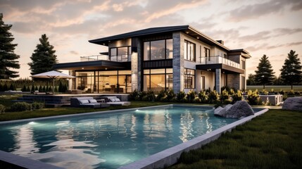Fototapeta premium Modern Luxury Home with Pool and Sunset View