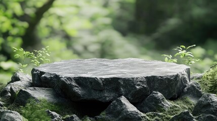 Fototapeta premium Stone Platform Amidst Lush Green Forest Background