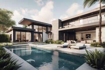 Fototapeta premium Modern House With Pool And Lush Landscaping