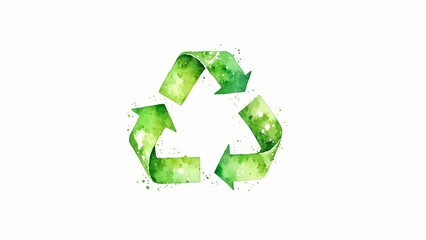 Green watercolor recycling symbol with textured background