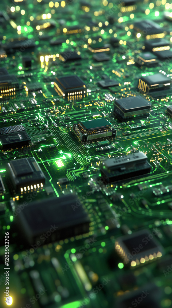 Aufkleber Close-up view of a green electronic circuit board showcasing glowing microchips and intricate connections, emphasizing modern technology's complexity