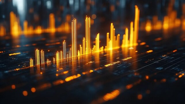 Glowing data bars rise from circuit board with digital background - Powered by Adobe