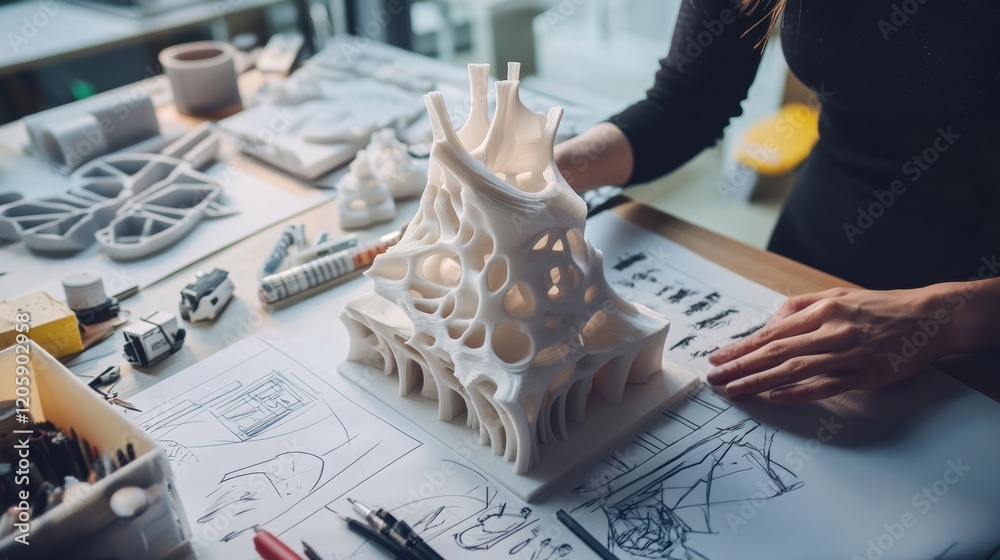 Poster architect is analyzing a complex, white, 3d printed architectural model on a desk, surrounded by ske