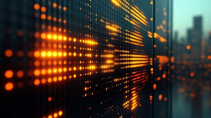 Glowing data stream on urban building at dusk