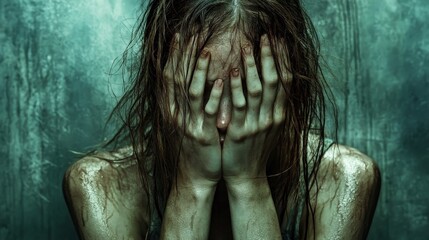 A woman covering her face in fear, symbolizing awareness of domestic violence and abuse. Ideal for social justice and awareness campaigns.