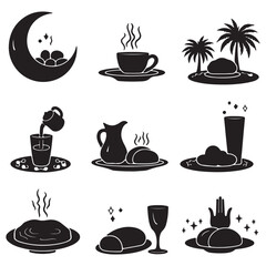 Iftar food (Dates, Water, Bread) silhouette Food and Drink Black Icons Food and Drink Black Icons