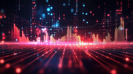 Glowing digital cityscape with rising graph, data flow, dark background