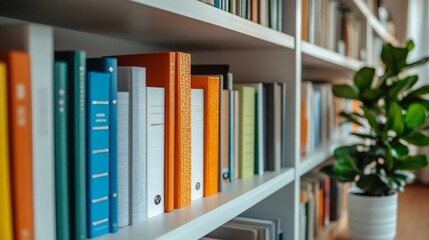 Obraz premium A well-organized bookshelf with colorful binders, books, and a potted plant. Reflects modern office or home decor, ideal for workspace or organizational themes.