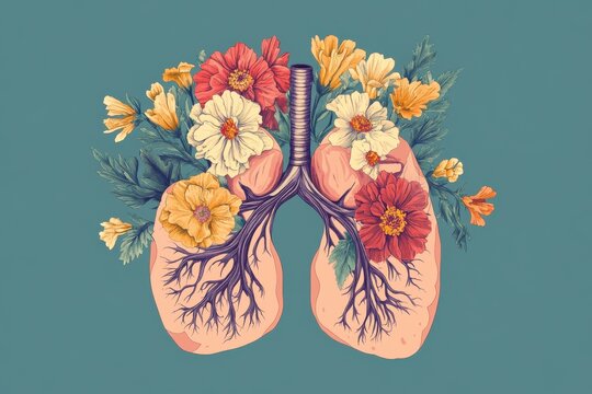 Human Lungs with flowers and leaves on blue background. Creativity Illustration of Good Respiratory system function