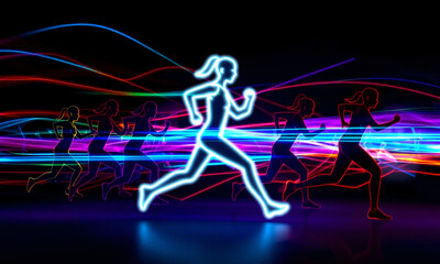 Obraz premium Stylized people in athletic poses like running. Their forms are highlighted with neon streaks