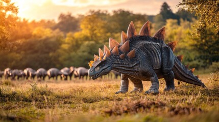 Fototapeta premium A majestic stegosaurus stands proudly in a lush prehistoric landscape. Its spiked back and powerful stance capture attention. Nature thrives around this giant creature. Generative AI