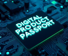 Futuristic design, glowing neon blue and green circuit board background, 'Digital Product Passport' in radiant text. 