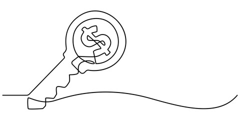 Doller with key icon continuous one line drawing on white background, Keys line icon editible stroke, Dollar Shaped Key I (with Clipping Path), Put the dollar sign key into the keyhole, FINANCE. 
