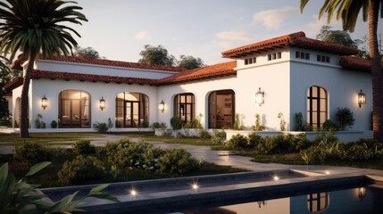 Fototapeta premium Spanish Style Home with Pool and Lush Landscaping