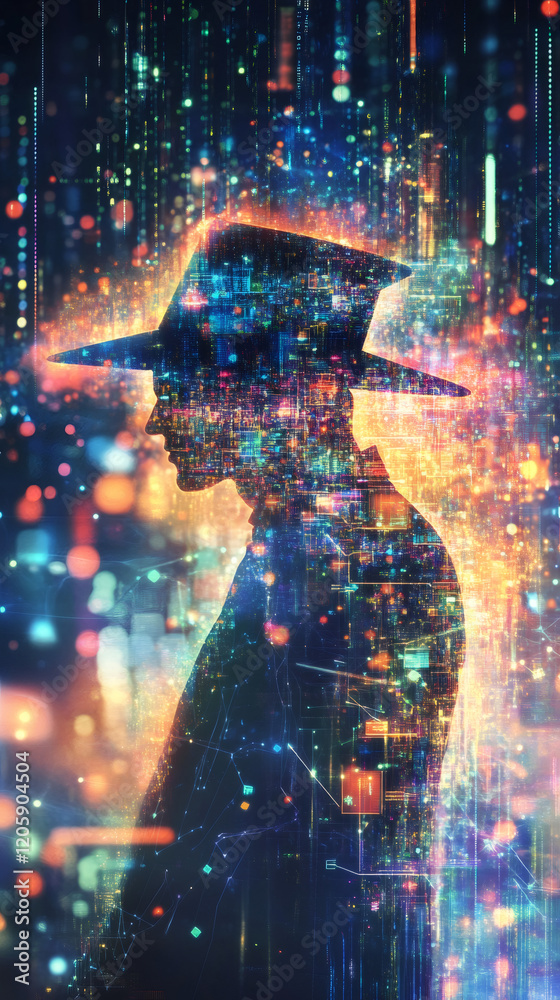 Aufkleber hacker wearing a hat gazing intently at a glowing data stream, embodying the essence of cybersecurit