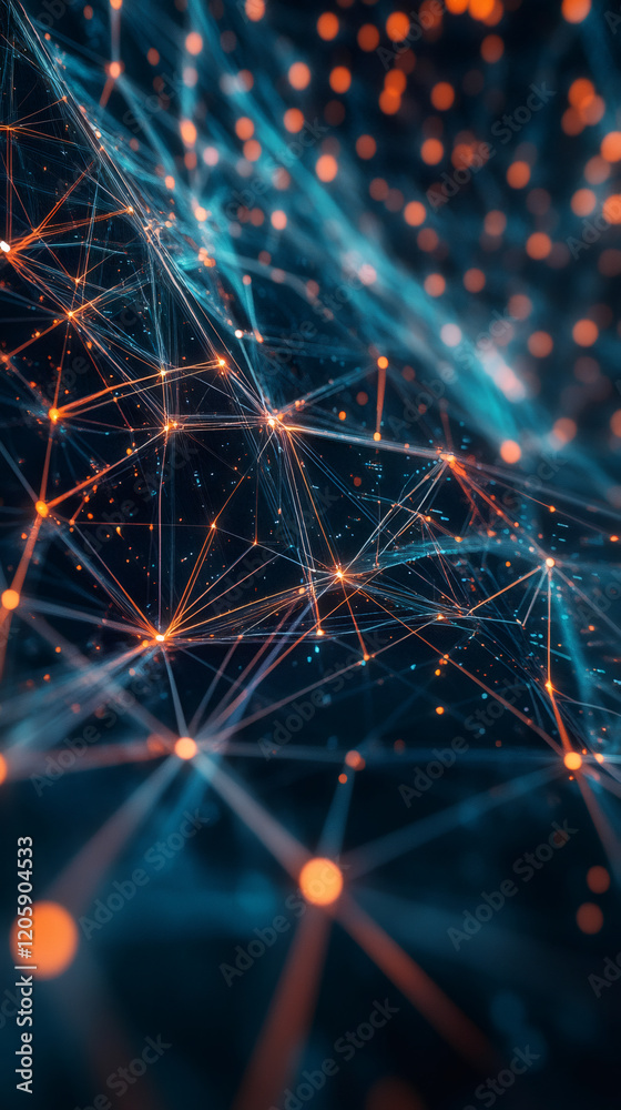 Poster glowing network nodes interconnecting, representing digital communication, data transfer, and artifi