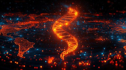 Glowing DNA helix above digital world map, global genetics research